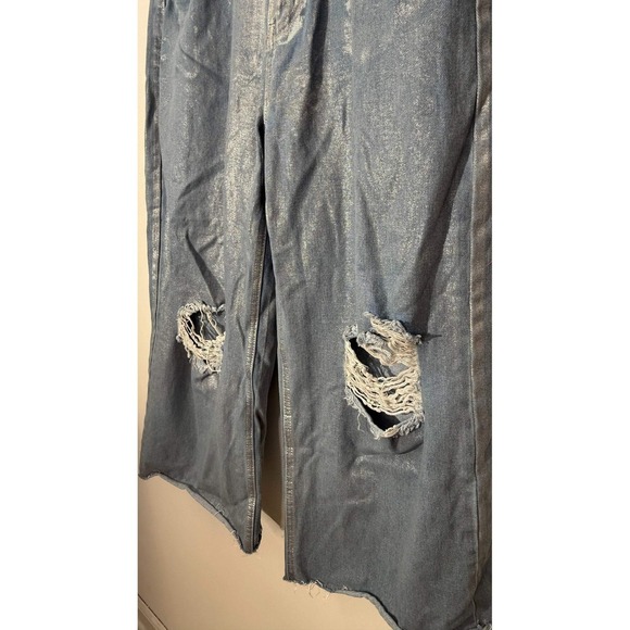 Fashionova Wide Leg Jeans Women Size 13 Silver Metallic Distressed Cropped - Picture 9 of 13